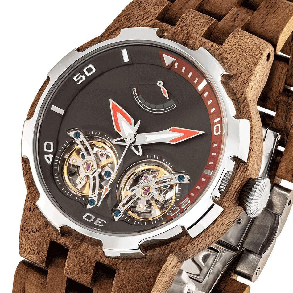 Men's Dual Wheel Automatic Walnut Wood Watch - For High End Watch Collectors
